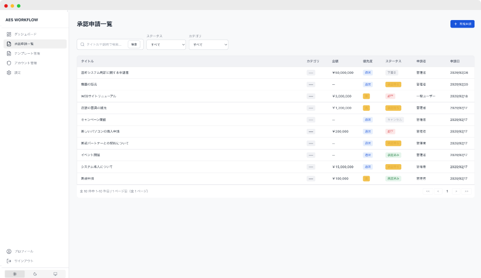申請管理システム - 申請一覧画面